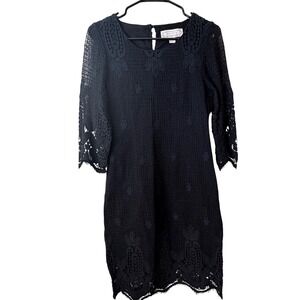 Beyond Vintage Black Crochet Lace Shift Dress 3/4 Sleeve Scalloped Hem Lined S